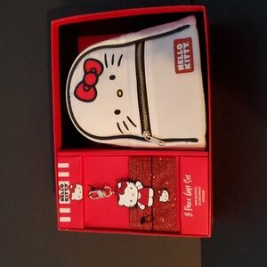 NWOT Hello Kitty 3 Piece Set, White Mini Backpack, Red ID Card Wallet & Keychain